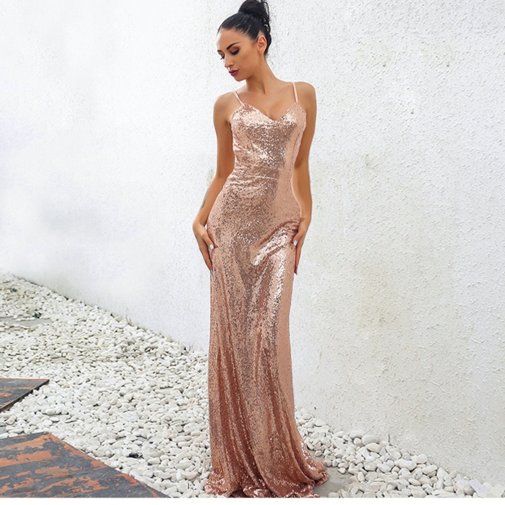 Rose Gold Sequin Open Back Cami Maxi Dress - Picture 6 of 13